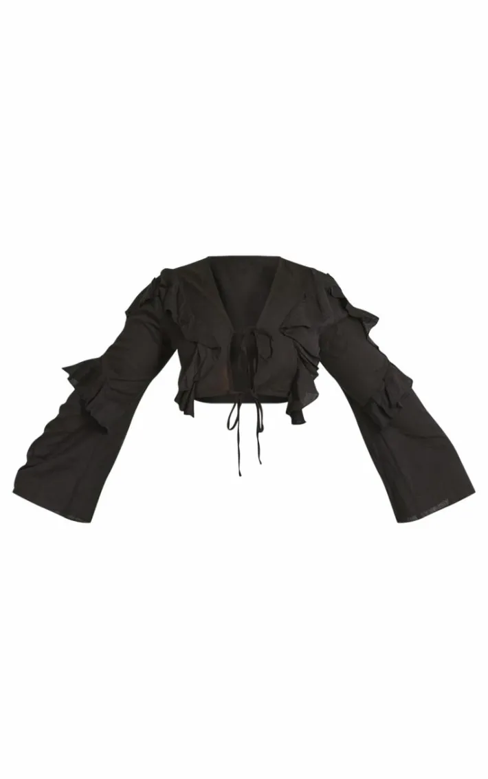Plus Black Linen Ruffle Front Tie Front Cropped Shirt