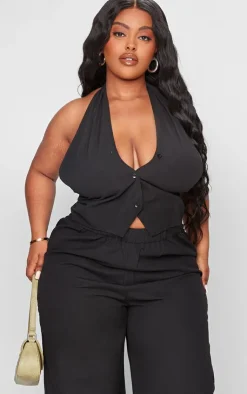 Hot PrettyLittleThing Plus Linen Wrap Halterneck Vest Black