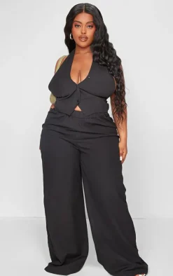 Hot PrettyLittleThing Plus Linen Wrap Halterneck Vest Black