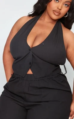 Hot PrettyLittleThing Plus Linen Wrap Halterneck Vest Black