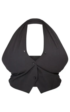 Hot PrettyLittleThing Plus Linen Wrap Halterneck Vest Black