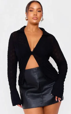 Hot PrettyLittleThing Plus Mesh Button Front Shirt Black