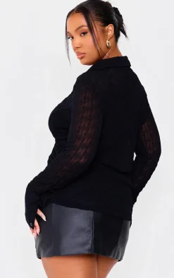 Hot PrettyLittleThing Plus Mesh Button Front Shirt Black