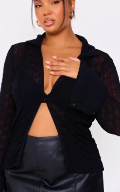 Hot PrettyLittleThing Plus Mesh Button Front Shirt Black