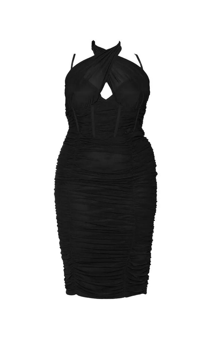 Plus Mesh Cross Front Corset Detail Midi Dress-PrettyLittleThing