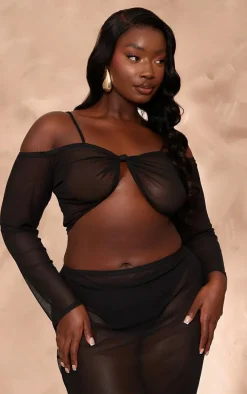 Plus Black Mesh Knot Front Long Sleeve Beach Top