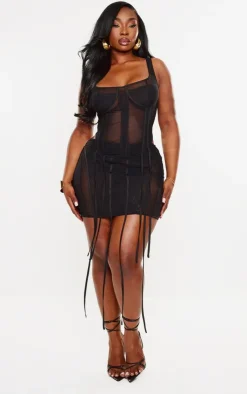 Sale PrettyLittleThing Plus Mesh Panelled Extreme Ruched Micro Mini Skirt Black