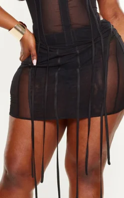 Sale PrettyLittleThing Plus Mesh Panelled Extreme Ruched Micro Mini Skirt Black