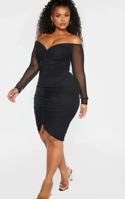 Plus Mesh Ruched Bardot Midi Dress-PrettyLittleThing