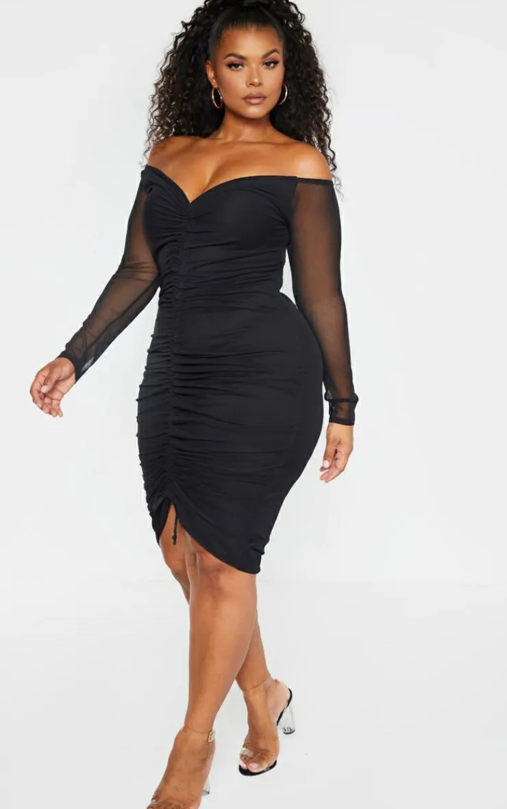 Plus Mesh Ruched Bardot Midi Dress-PrettyLittleThing