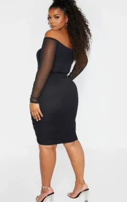 Plus Mesh Ruched Bardot Midi Dress-PrettyLittleThing