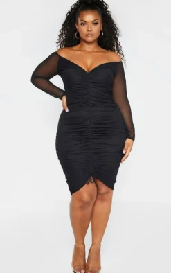 Plus Mesh Ruched Bardot Midi Dress-PrettyLittleThing