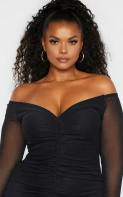 Plus Mesh Ruched Bardot Midi Dress-PrettyLittleThing