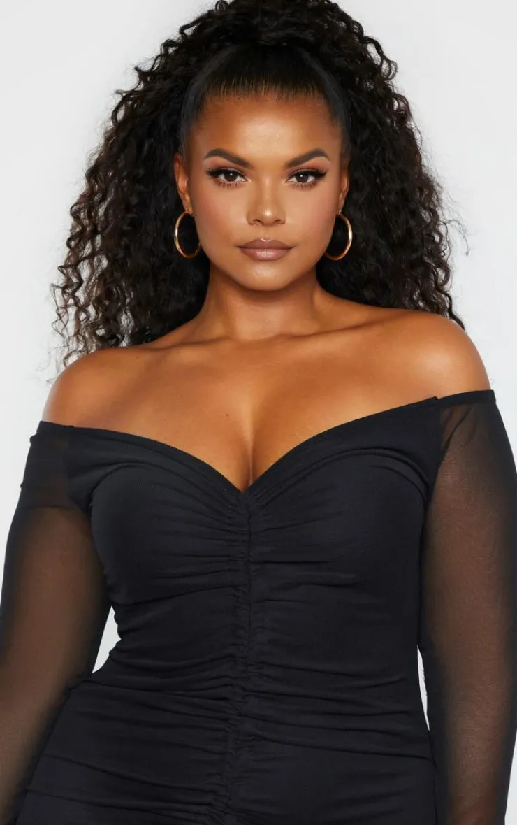 Plus Mesh Ruched Bardot Midi Dress-PrettyLittleThing