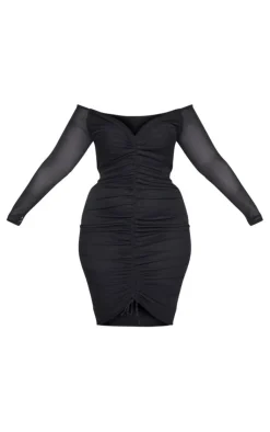 Plus Mesh Ruched Bardot Midi Dress-PrettyLittleThing