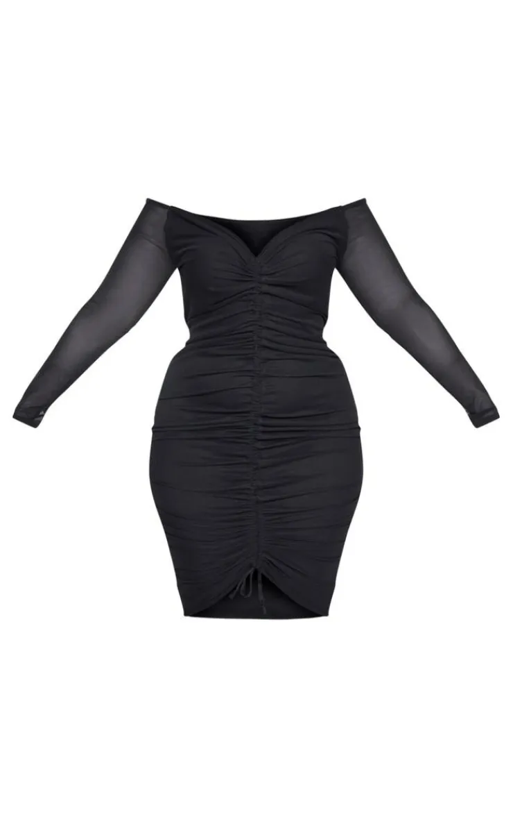 Plus Mesh Ruched Bardot Midi Dress-PrettyLittleThing