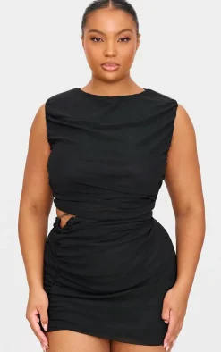 Hot PrettyLittleThing Plus Mesh Ruched Trim Detail Crop Top Black