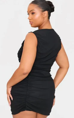 Hot PrettyLittleThing Plus Mesh Ruched Trim Detail Crop Top Black