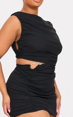 Hot PrettyLittleThing Plus Mesh Ruched Trim Detail Crop Top Black