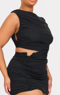 Hot PrettyLittleThing Plus Mesh Trim Detail Ruched Mini Skirt Black