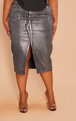 Plus Metallic Detail Midi Denim Skirt-PrettyLittleThing Online