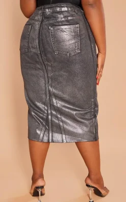 Plus Metallic Detail Midi Denim Skirt-PrettyLittleThing Online