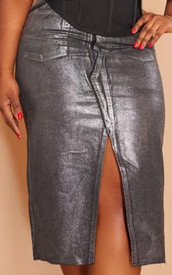 Plus Metallic Detail Midi Denim Skirt-PrettyLittleThing Online