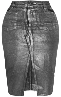 Plus Metallic Detail Midi Denim Skirt-PrettyLittleThing Online
