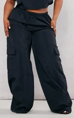 Online PrettyLittleThing Plus Nylon Wide Leg Cargo Pants Black