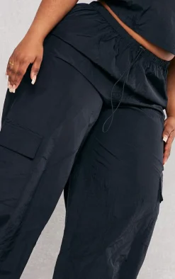 Online PrettyLittleThing Plus Nylon Wide Leg Cargo Pants Black