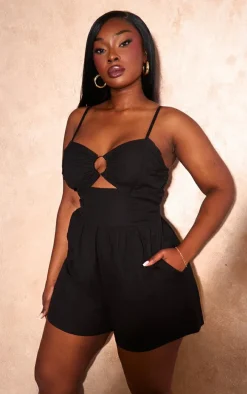 Plus Black O Ring Detail Shirred Back Romper