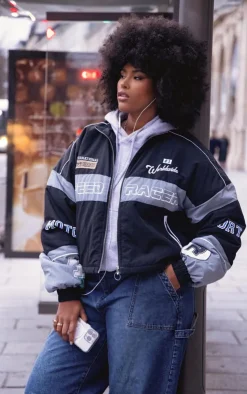 PrettyLittleThing Bomber Jackets*Plus Oversized Graphic Zipped Racer Bomber Jacket
