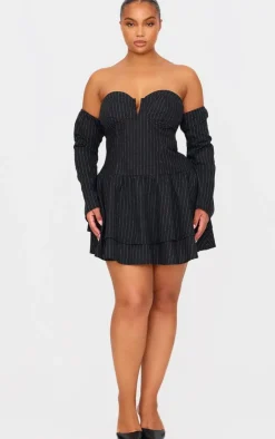 Plus Pinstripe Cup Detail Bardot Shift Dress-PrettyLittleThing Sale