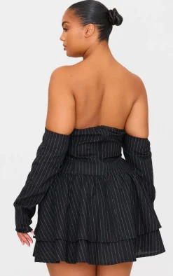 Plus Pinstripe Cup Detail Bardot Shift Dress-PrettyLittleThing Sale