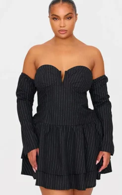 Plus Pinstripe Cup Detail Bardot Shift Dress-PrettyLittleThing Sale