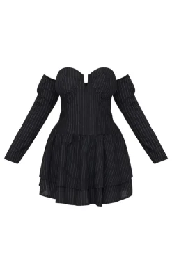 Plus Pinstripe Cup Detail Bardot Shift Dress-PrettyLittleThing Sale