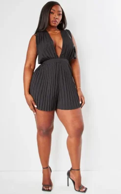 Plus Black Pleated Shoulder Pad Plunge Romper
