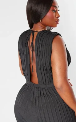 Plus Black Pleated Shoulder Pad Plunge Romper