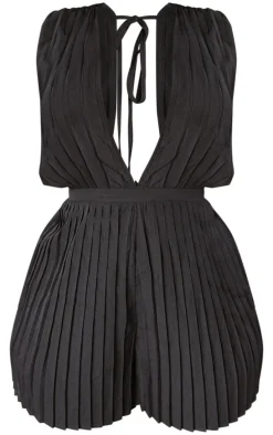 Plus Black Pleated Shoulder Pad Plunge Romper