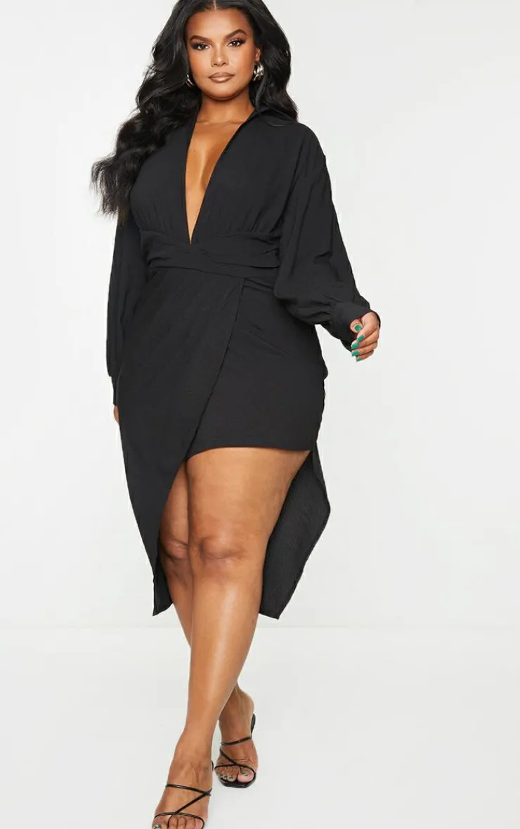 Plus Plunge Wrap Textured Dress-PrettyLittleThing Discount