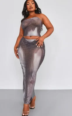 Clearance PrettyLittleThing Plus Printed Mesh Diamante Hot Fix Low Rise Maxi Skirt Black