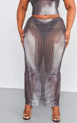 Clearance PrettyLittleThing Plus Printed Mesh Diamante Hot Fix Low Rise Maxi Skirt Black