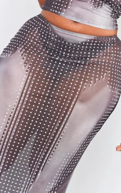 Clearance PrettyLittleThing Plus Printed Mesh Diamante Hot Fix Low Rise Maxi Skirt Black