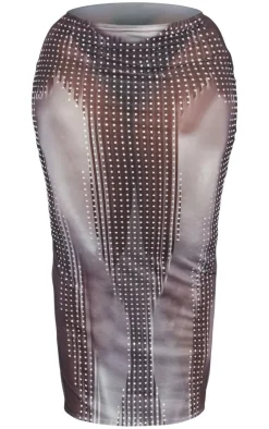 Clearance PrettyLittleThing Plus Printed Mesh Diamante Hot Fix Low Rise Maxi Skirt Black