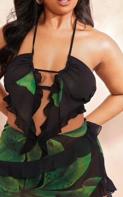 Discount PrettyLittleThing Plus Printed Ruffle Detail Halterneck Crop Top Black