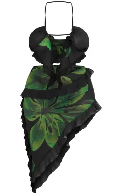 Discount PrettyLittleThing Plus Printed Ruffle Detail Halterneck Crop Top Black
