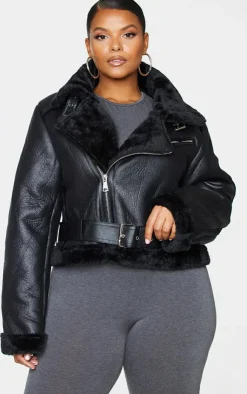 PrettyLittleThing Aviator Jackets*Plus PU Cropped Belted Aviator
