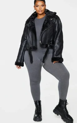 PrettyLittleThing Aviator Jackets*Plus PU Cropped Belted Aviator