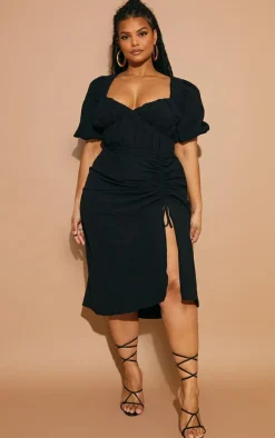 Plus Puff Sleeve Ruched Side Split Midi Dress-PrettyLittleThing Discount