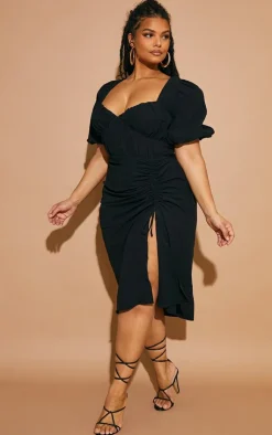 Plus Puff Sleeve Ruched Side Split Midi Dress-PrettyLittleThing Discount